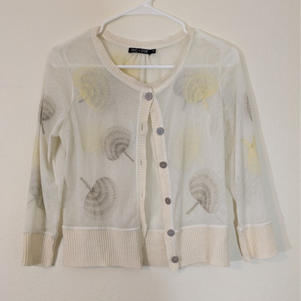 Nic + Zoe Mesh Sweater Cream Floral Embroidered Button Up Cardigan Small - Picture 2 of 13